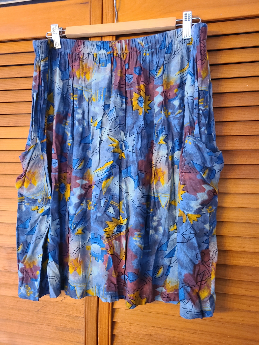 Blue Abstract Print Elastic-Waist Pocket Skirt